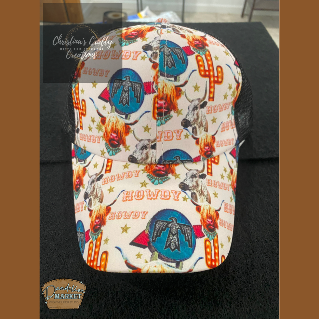 Women’s Print Hats --Includes patch of YOUR choice! - Howdy