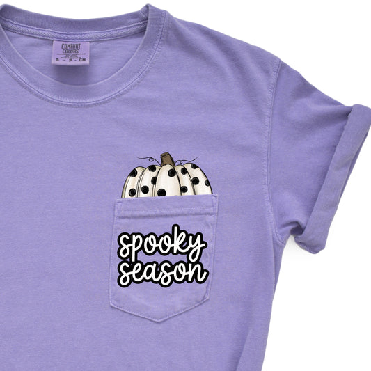 Polka Dot Pumpkin Spooky Season Violet Pocket Tee