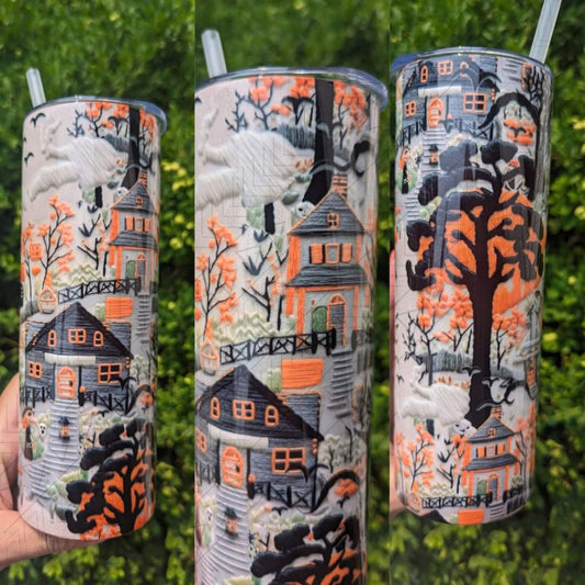 Haunted House Embroidered Tumbler
