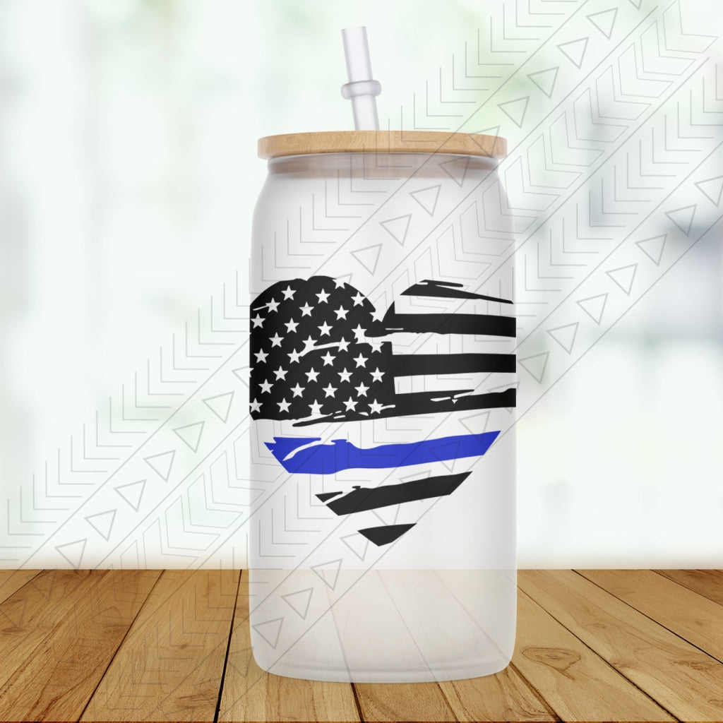 Police Flag Heart Frosted Glass Glass Can