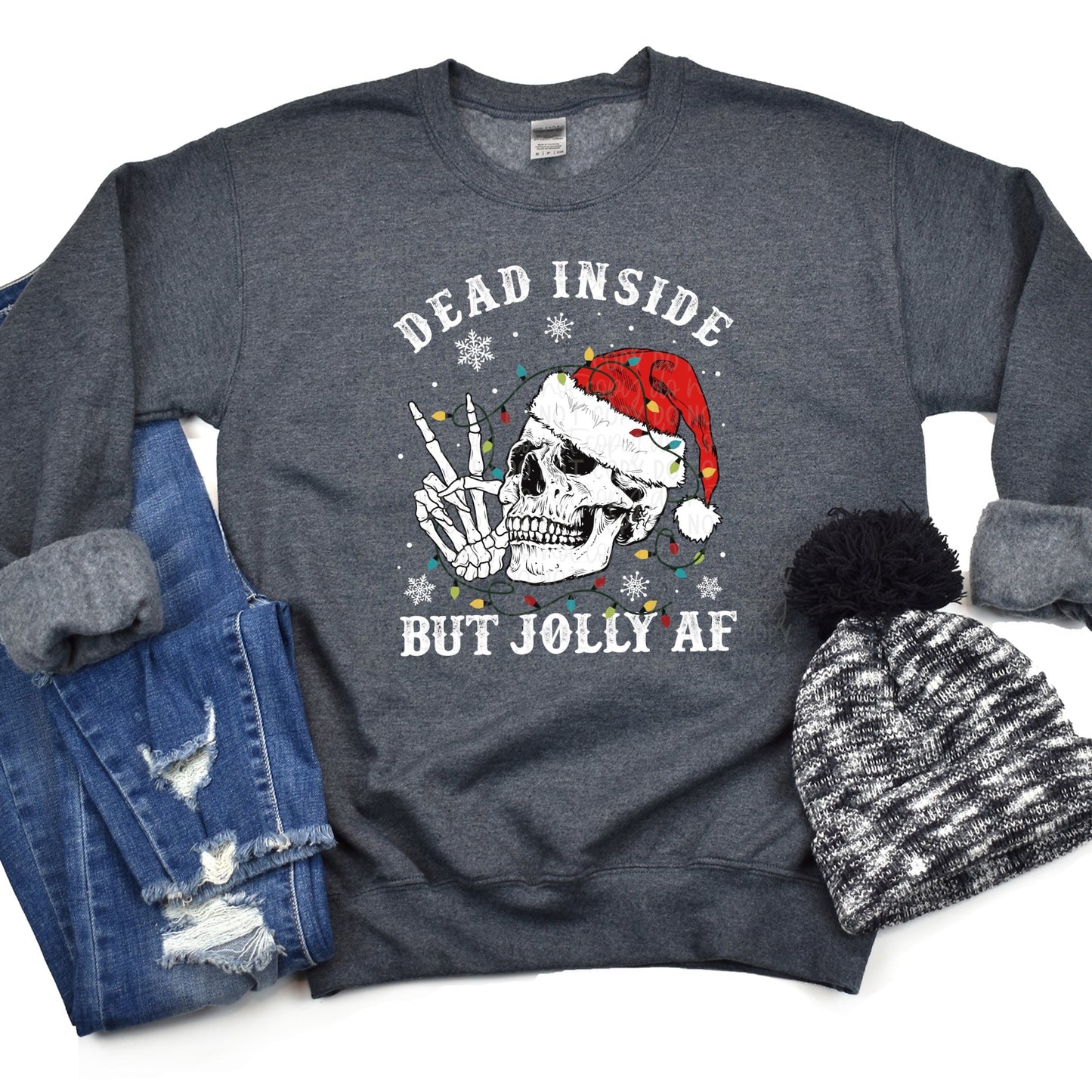 Dead Inside But Jolly AF Heather Charcoal Sweatshirt (White text)