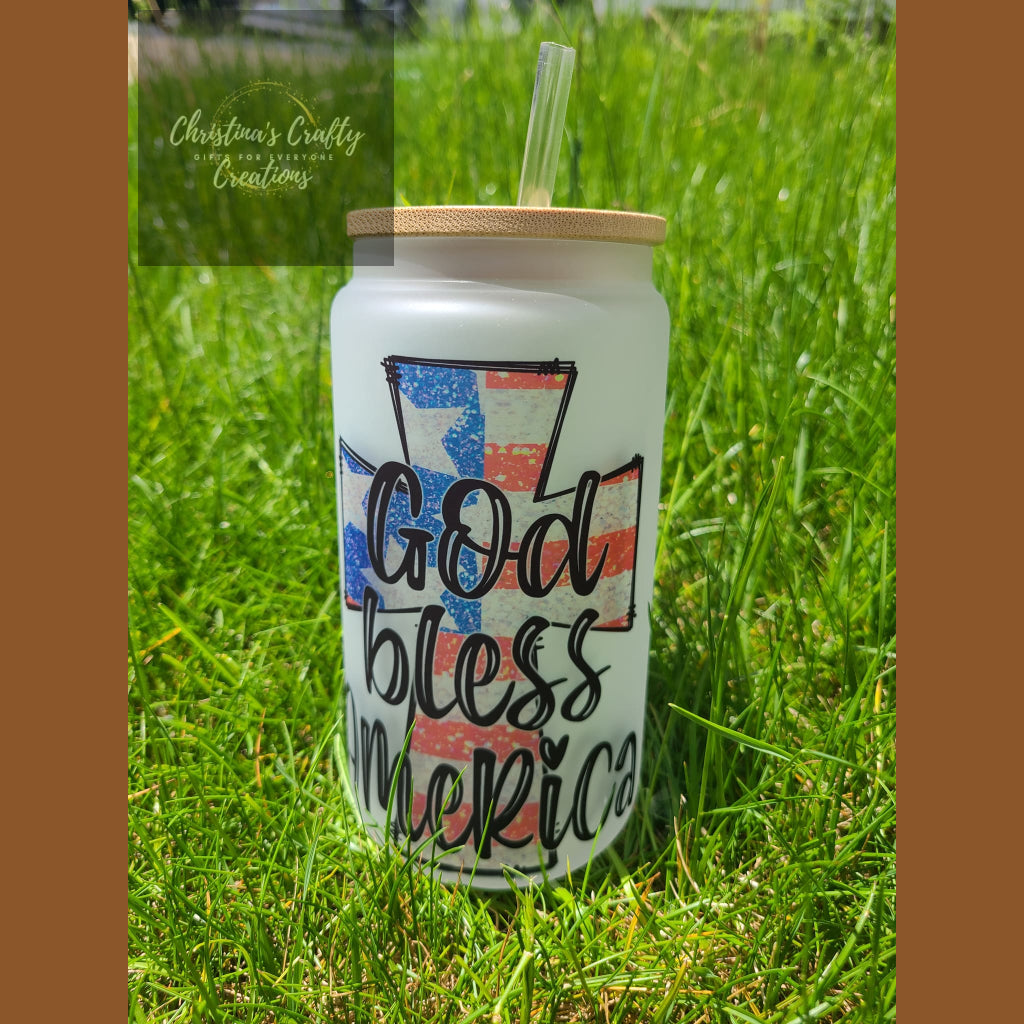 Patriotic Glass Can/Jars - God Bless America Cross - Glass