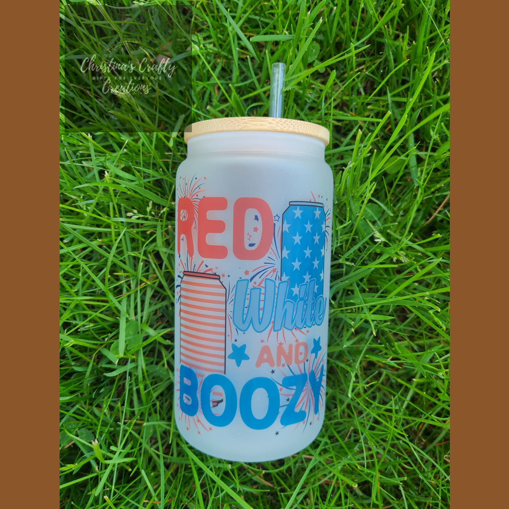 Patriotic Glass Can/Jars - Red White and Boozy - Glass
