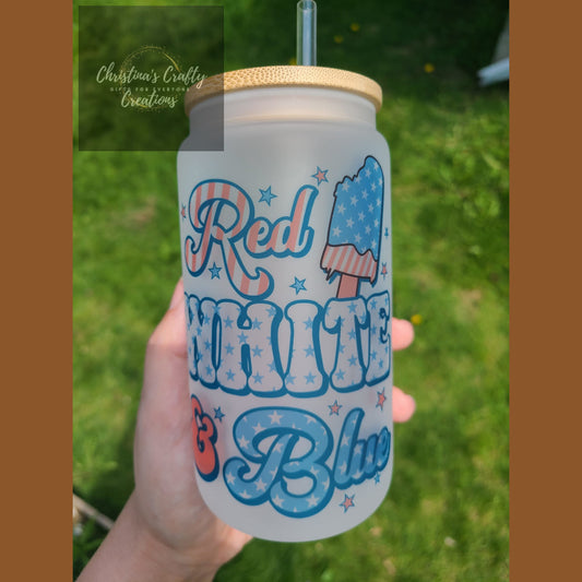 Patriotic Glass Can/Jars - Red White and Blue - Glass